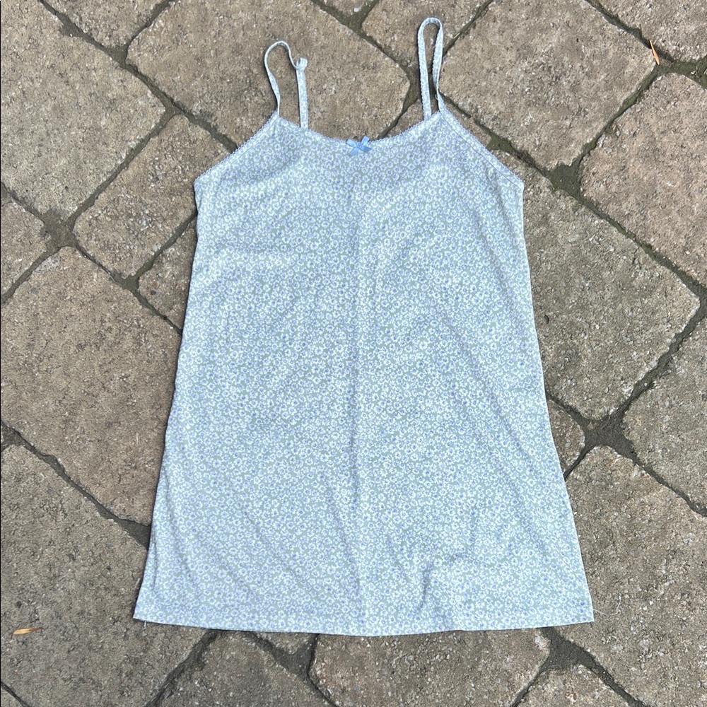 Vintage Floral Light Blue Slip Dress with Spaghetti Straps
